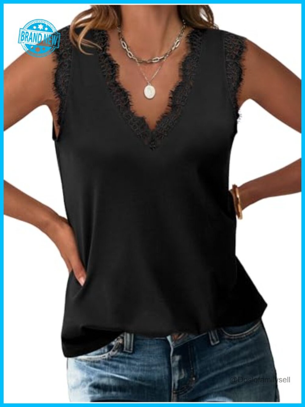 Lace Trim V Neck Sleeveless Tank Top Summer Casual
